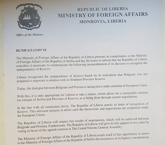 Либерија повукла одлуку о признању